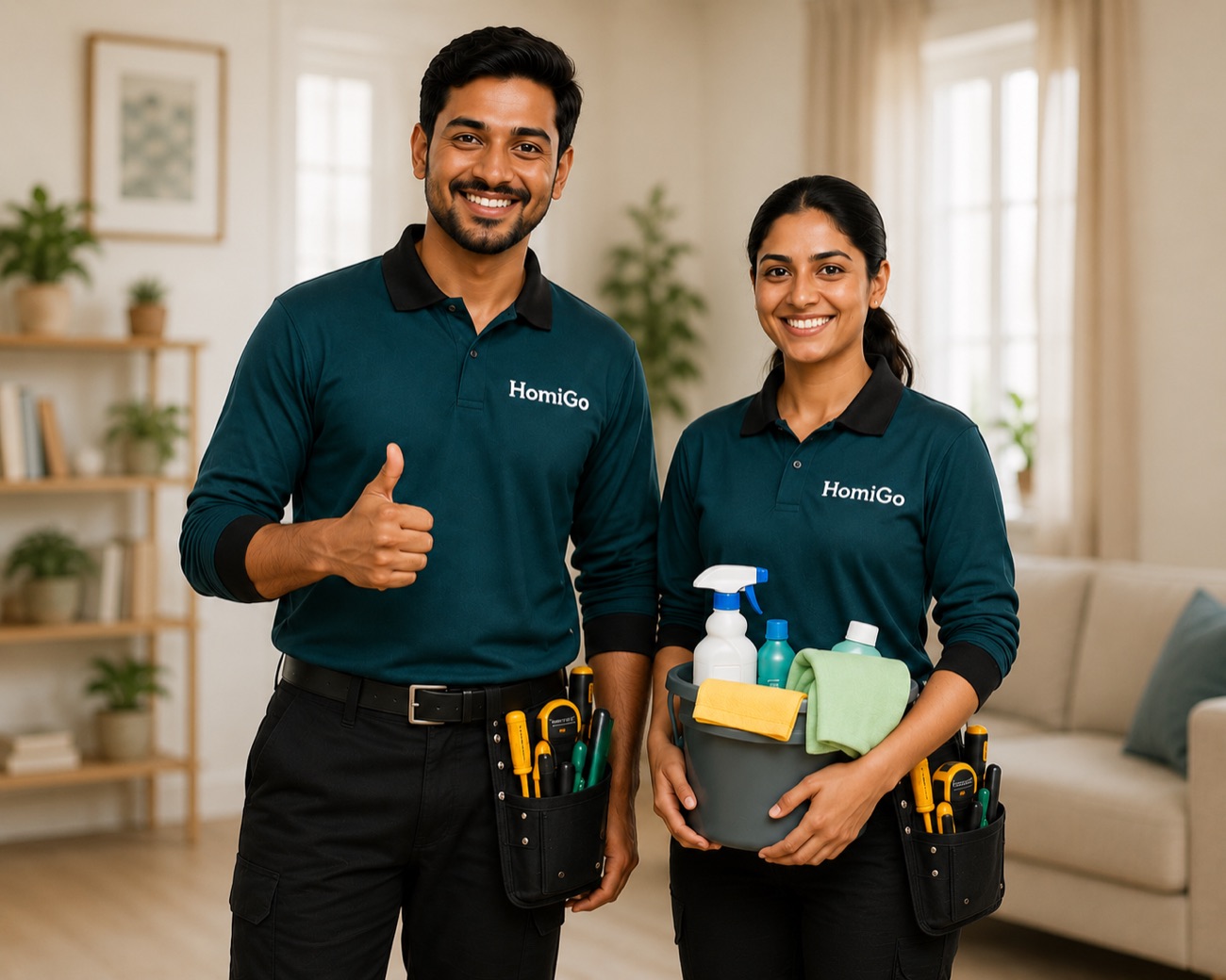 Two HomiGo staff members in branded teal uniforms, tool belt and cleaning kit in hand, smiling inside a home